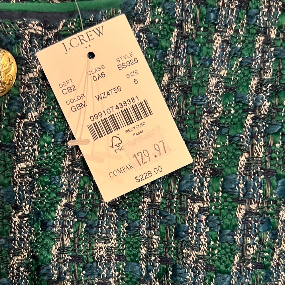 J. Crew  Factory Teal Tweed Jacket with Gold Accents - Picture 6 of 6